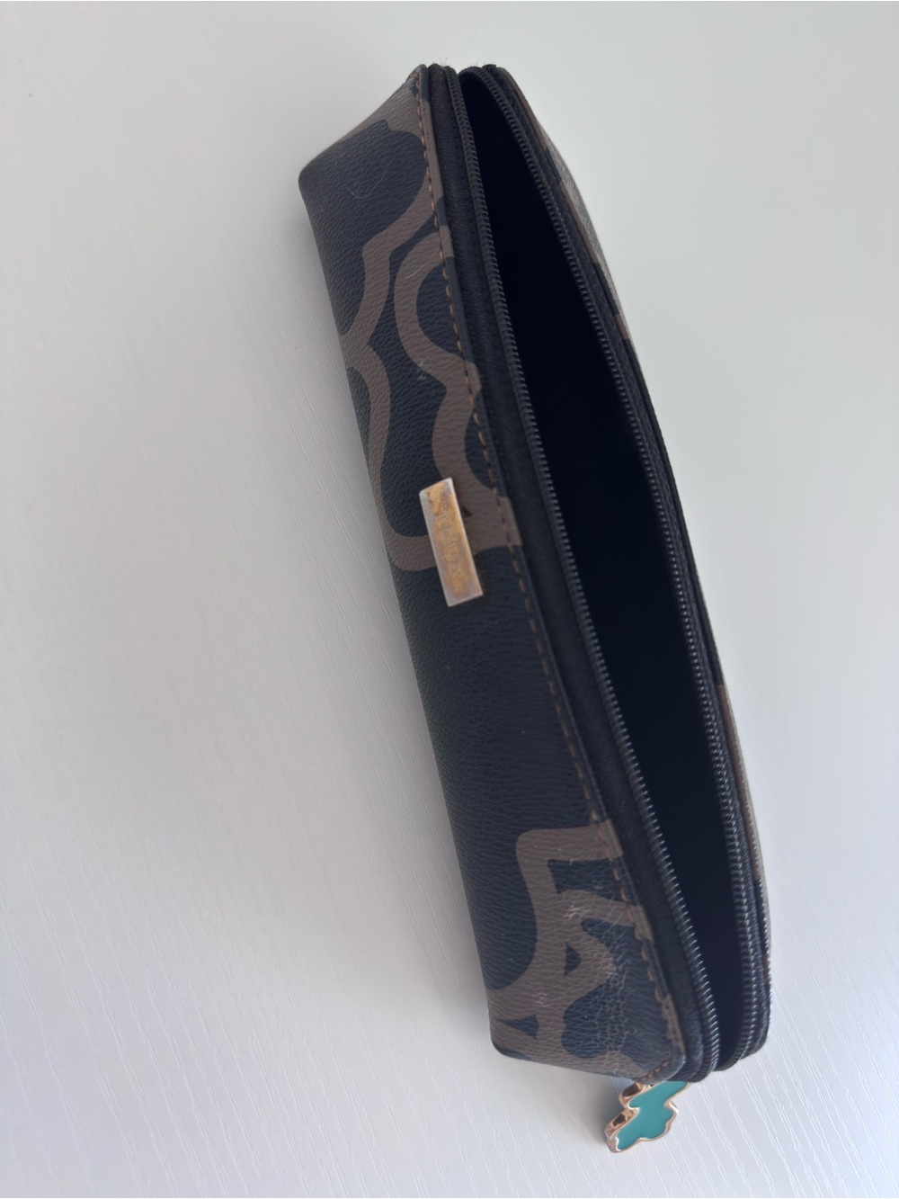 Tous Brown Patterned Zip Cosmetic Pouch with Gold Accent